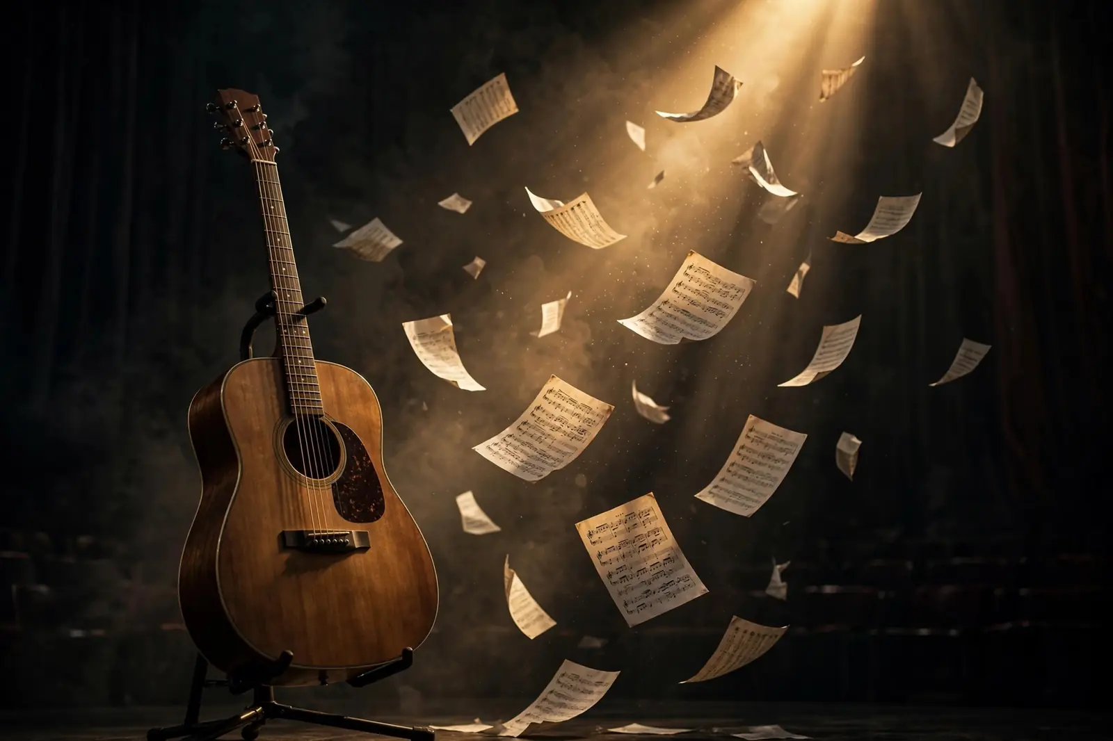 Akustikgitarre auf einem Ständer im warmen Scheinwerferlicht auf dunkler Bühne